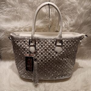 Glamorous White and Silver Dazzling Rhinestone Tote Bag